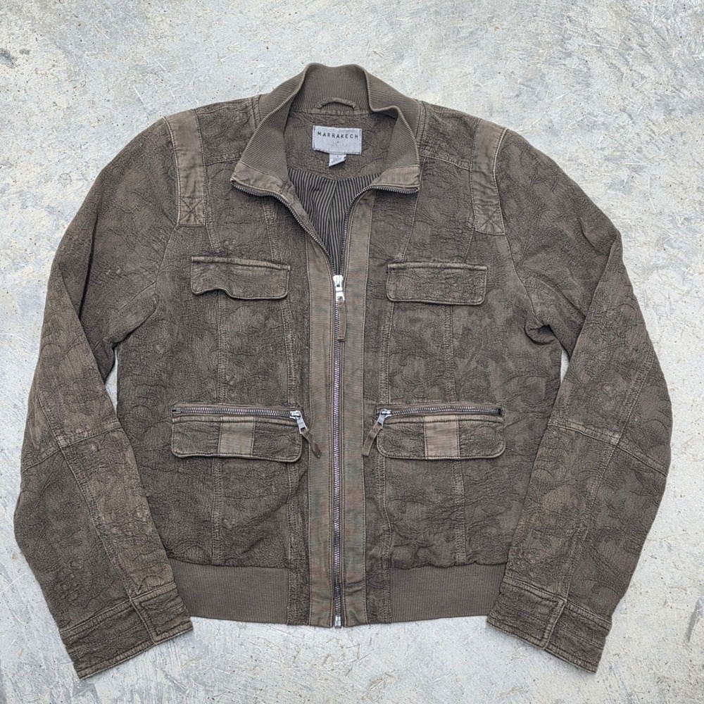 MARRAKECH Anthropologie Textured Bomber Jacket Large Olive Green Utility Pockets